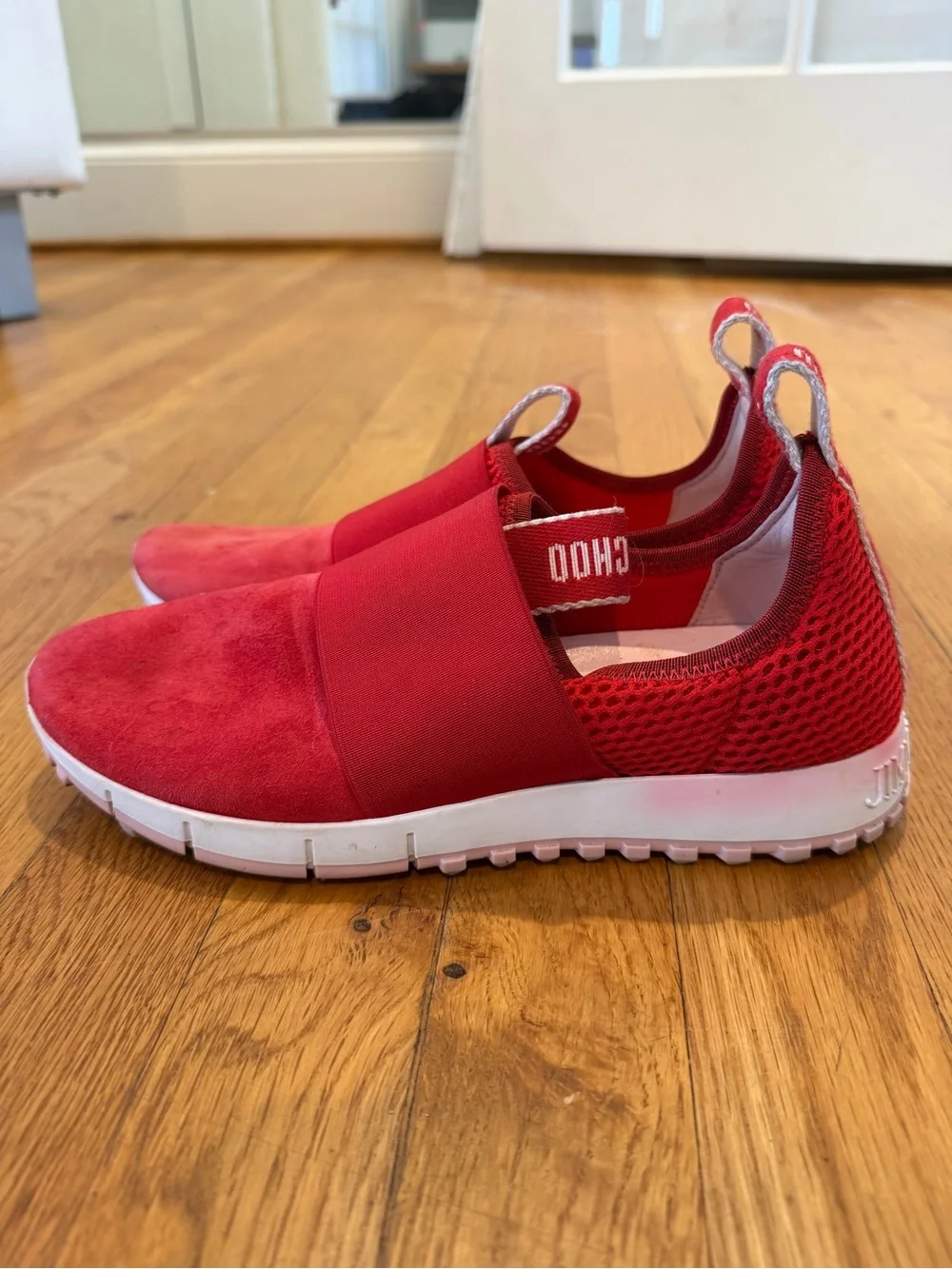 Jimmy Choo Red Mesh Slip-On Sneakers with White Logo Heel